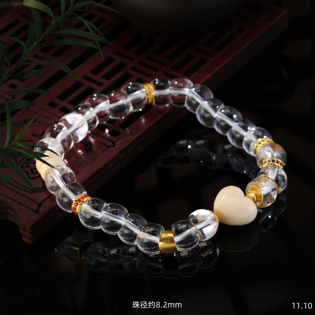 【金豆珠宝】18K金天然高阶白水晶猪大肠屁屁桃牙牙气质款手串D