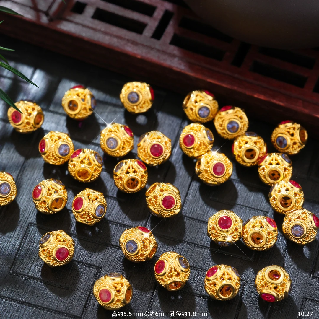 【金豆工厂】18K金豪镶红蓝绿5.5mm蜻蜓眼隔珠DIY配饰配件