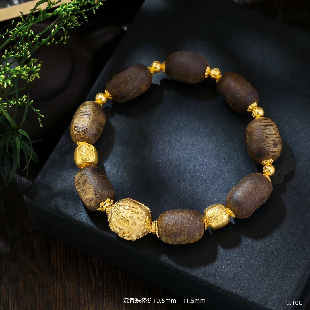 【金豆VIP】18K金莲花四不佛扎基拉姆财神环绕高阶天然沉香手串C