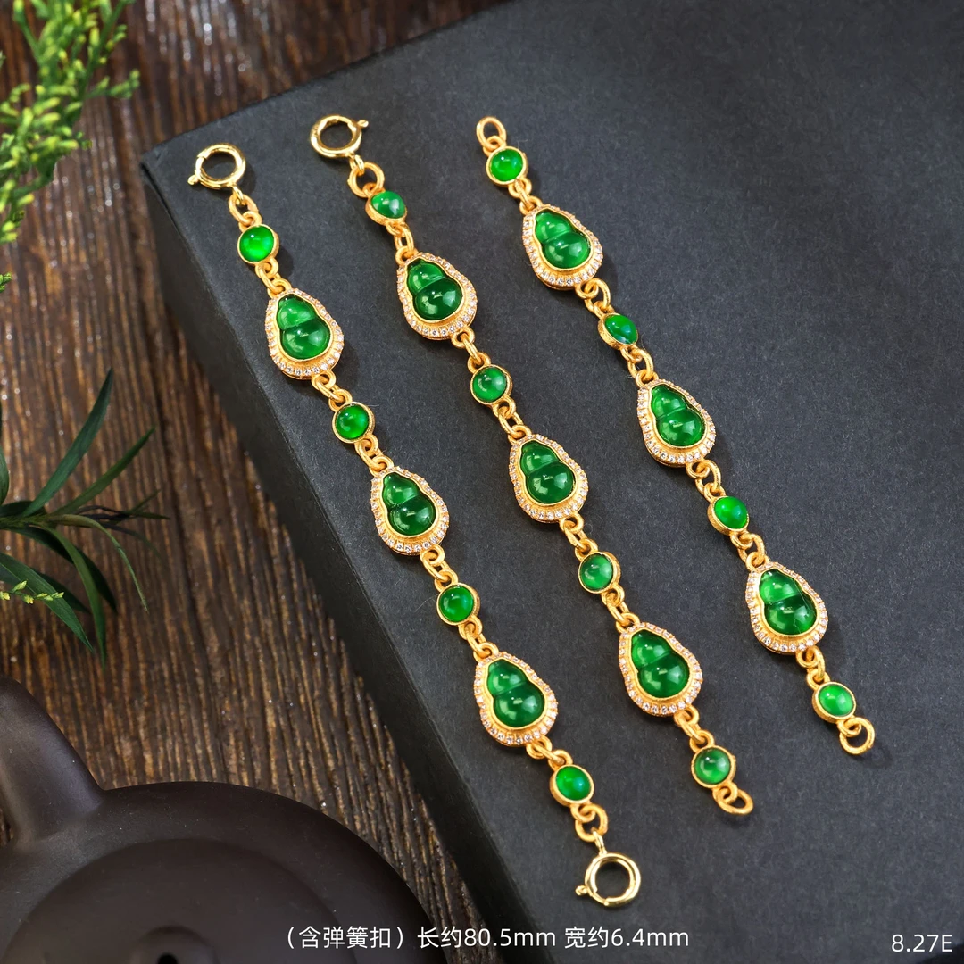 【金豆VIP】18K金天然豪镶奢华款冰底辣绿翡翠葫芦延长链加长万能链