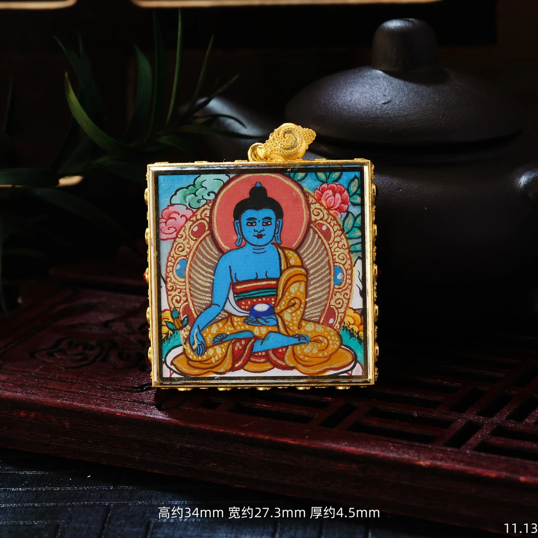 【专享特蕙】大号药师佛方卡||18K金药师唐卡吊坠手绘热贡金卡E