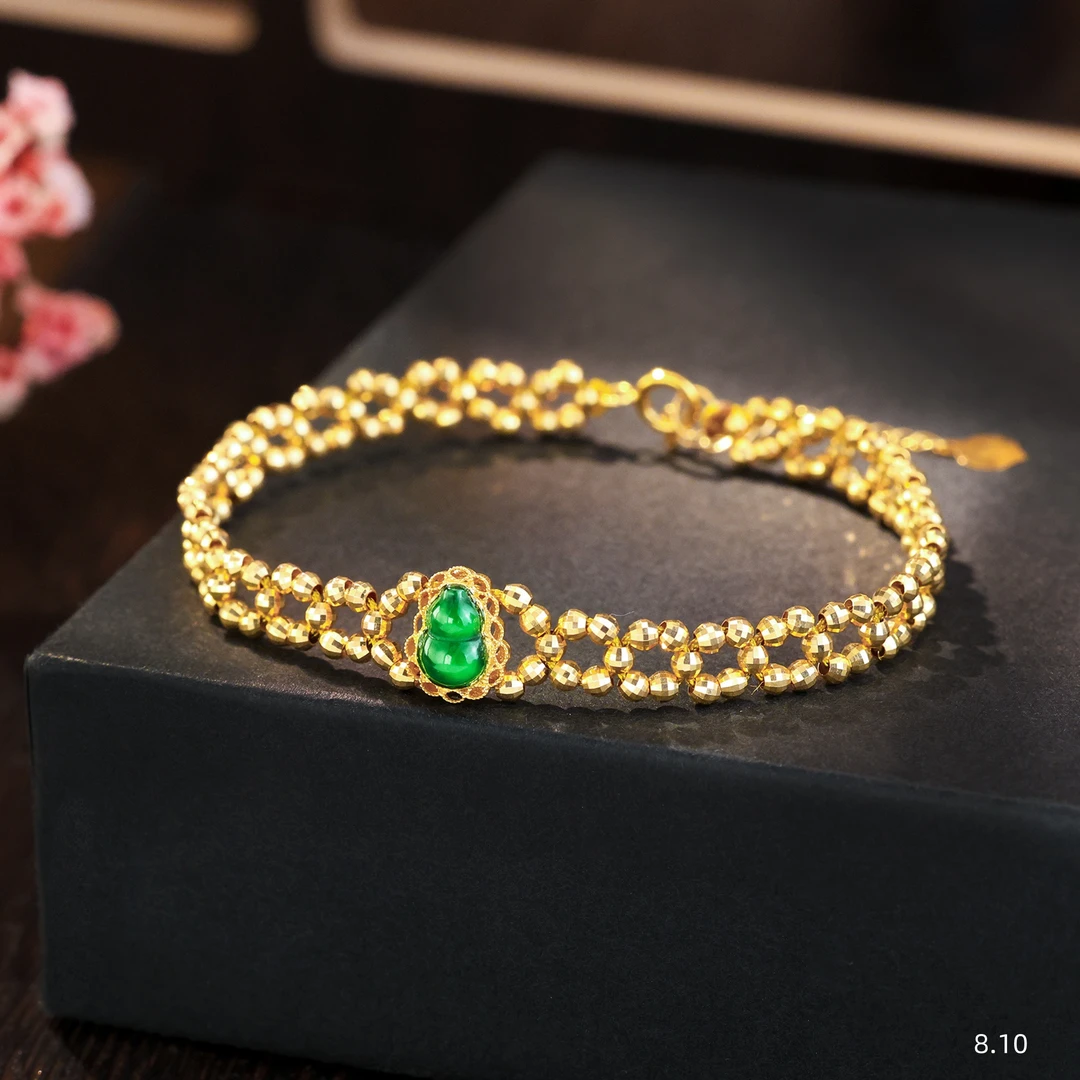 【金豆VIP】星满天||18K金天然翡翠葫芦爆闪显白金珠手链E