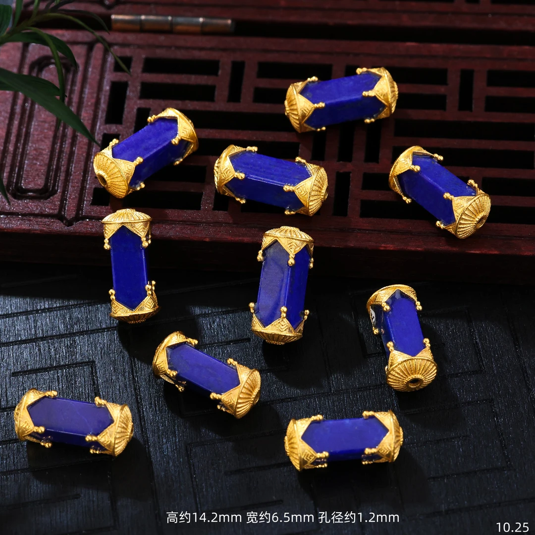 【金豆】18k金重工豪镶阿富汗天然青金石凯旋门通孔隔珠顶珠