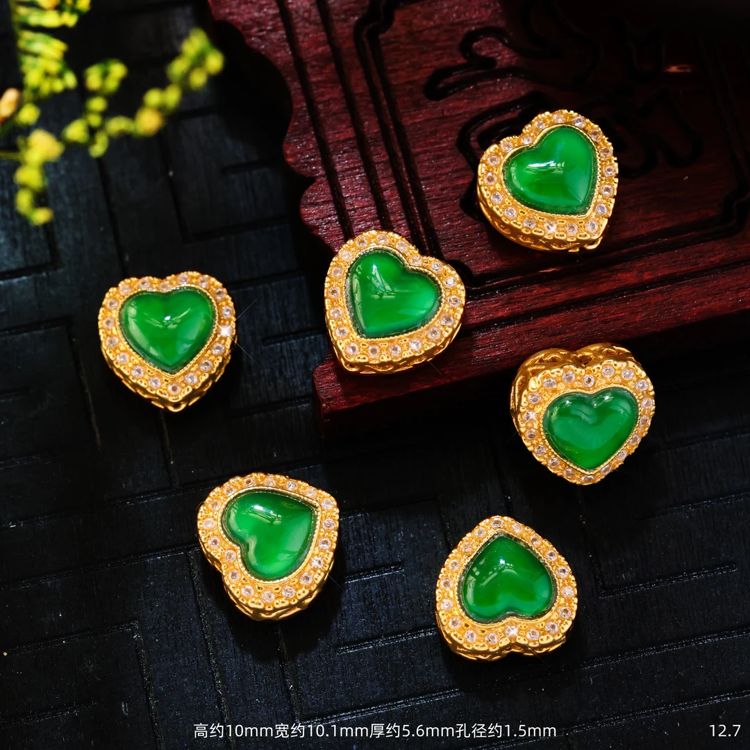 【金豆工厂】18K金豪镶缅A翡爱心隔珠心想事成背云手串项链配件D