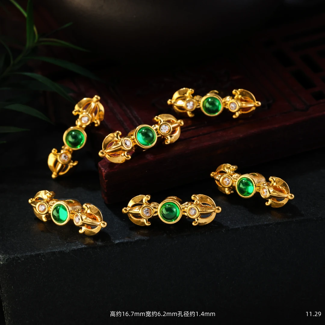 【金豆工厂】18K金豪镶绿色杵杵中穿隔珠万向轴文玩（厚5D金）D