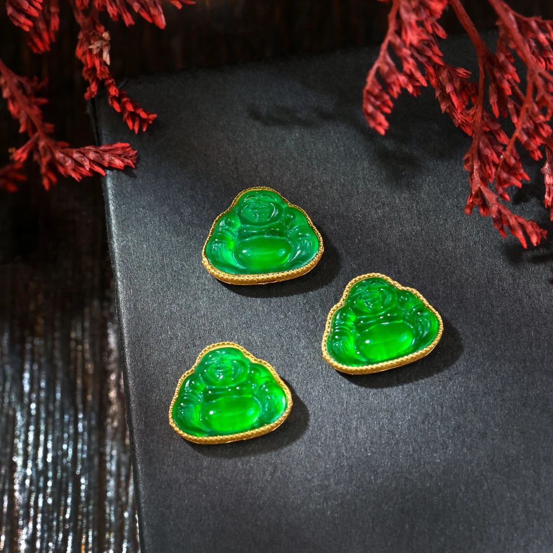 【金豆】18K金镶缅A翡佛公隔珠背云中穿顶珠编绳手串项链配件A