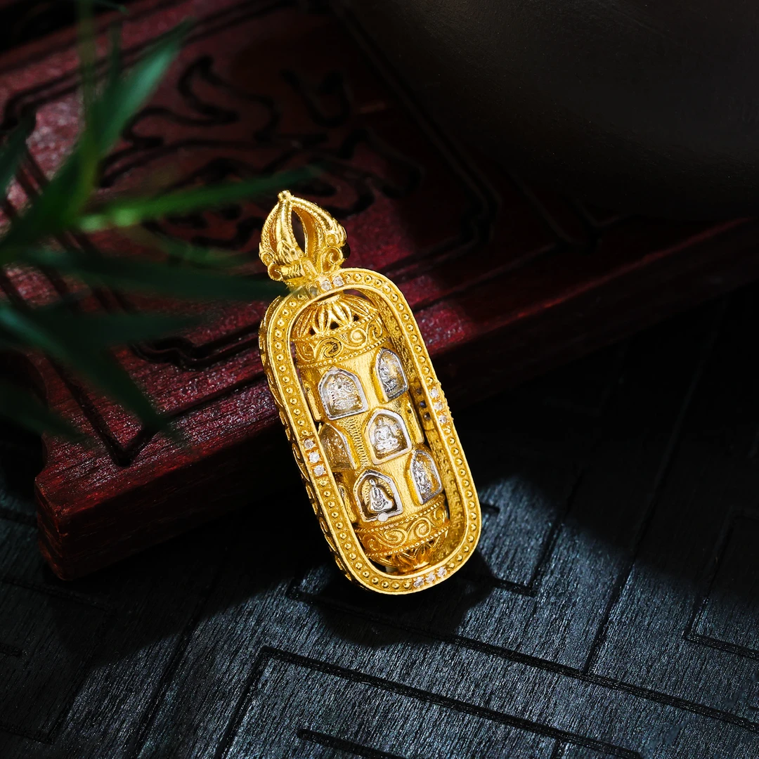 【金豆】18K金天然豪镶万佛齐愿吊坠转经筒杵杵全愿A