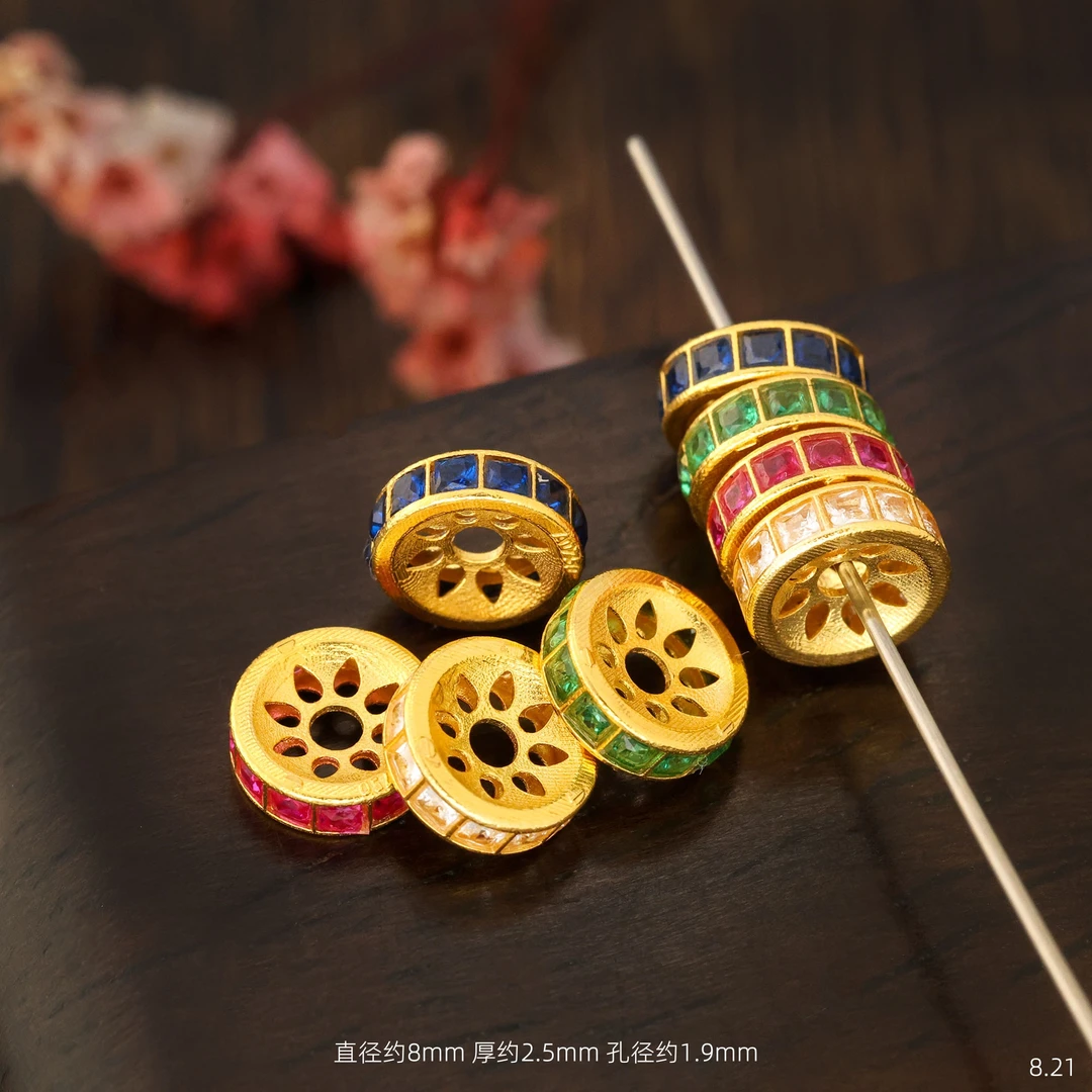 【金豆】18K金豪镶红蓝绿莲花直切隔片文玩星月菩提手串散珠配件C