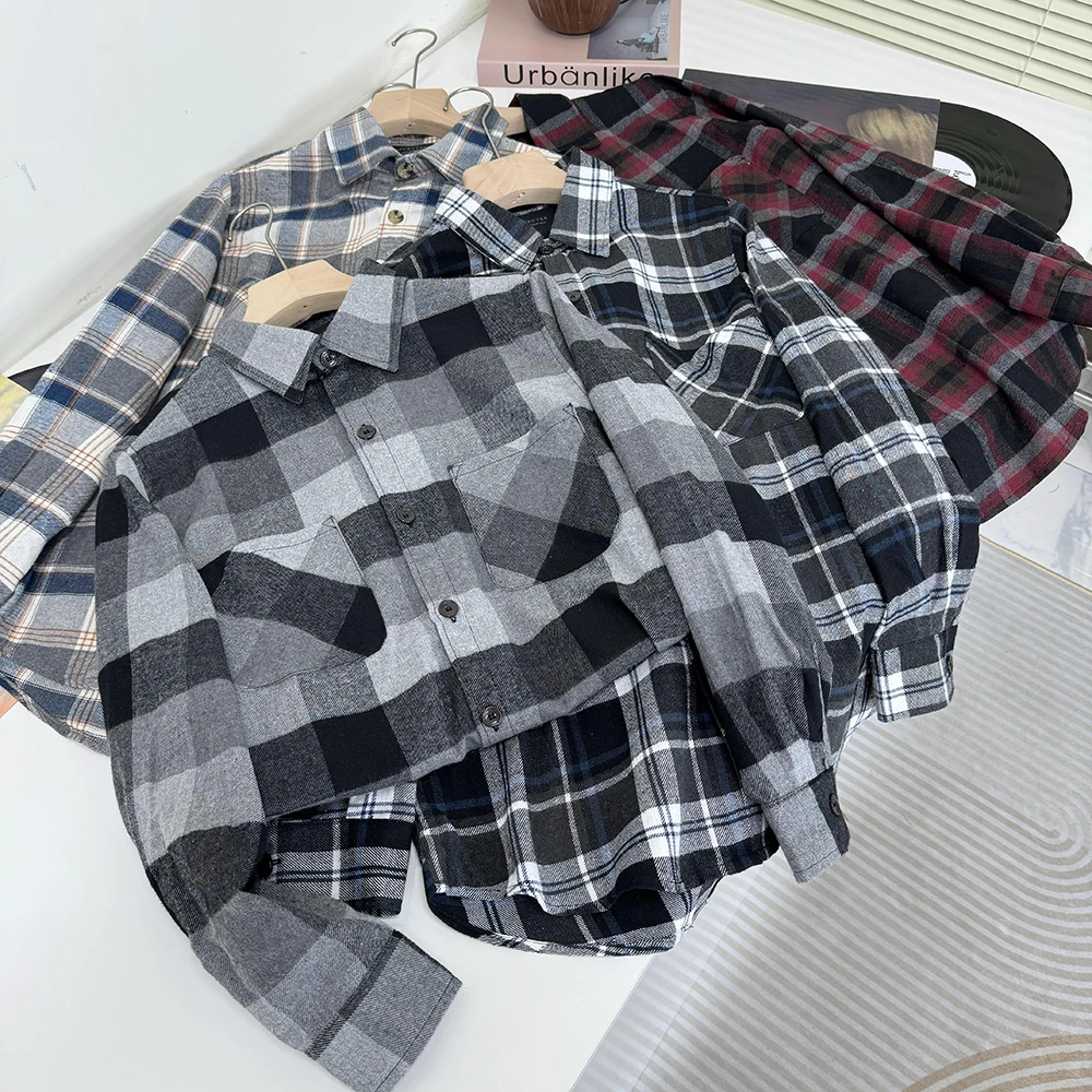 秋季男士格子衬衫休闲时尚水洗磨毛翻领长袖衬衣11736