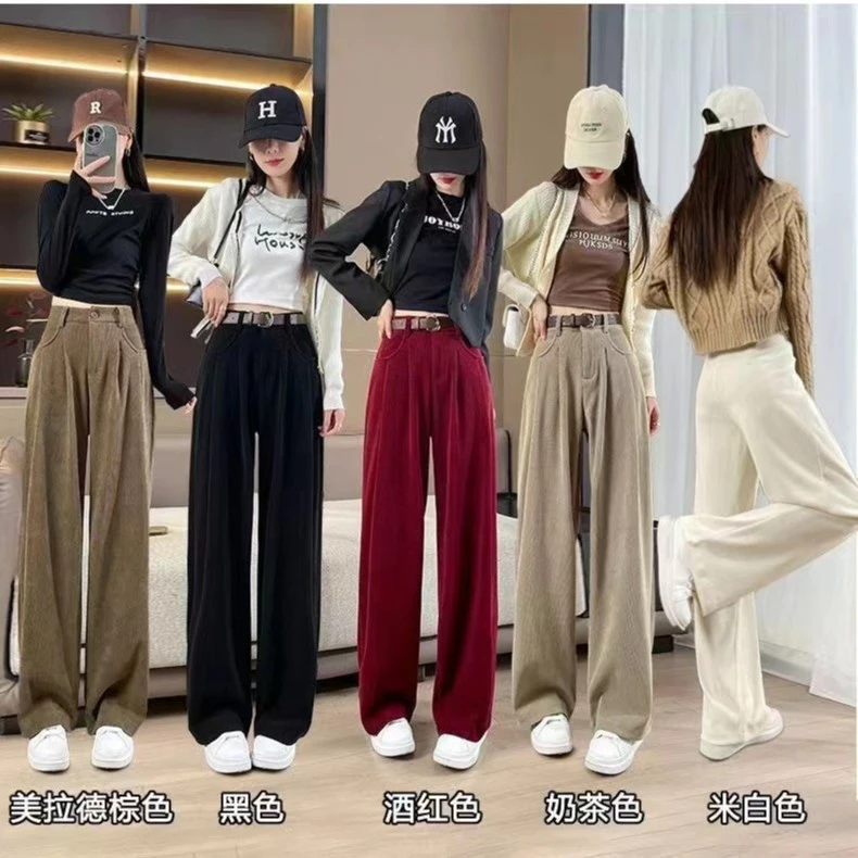 秋冬加绒加厚美式复古阔腿休闲棕色美拉德裤子9240