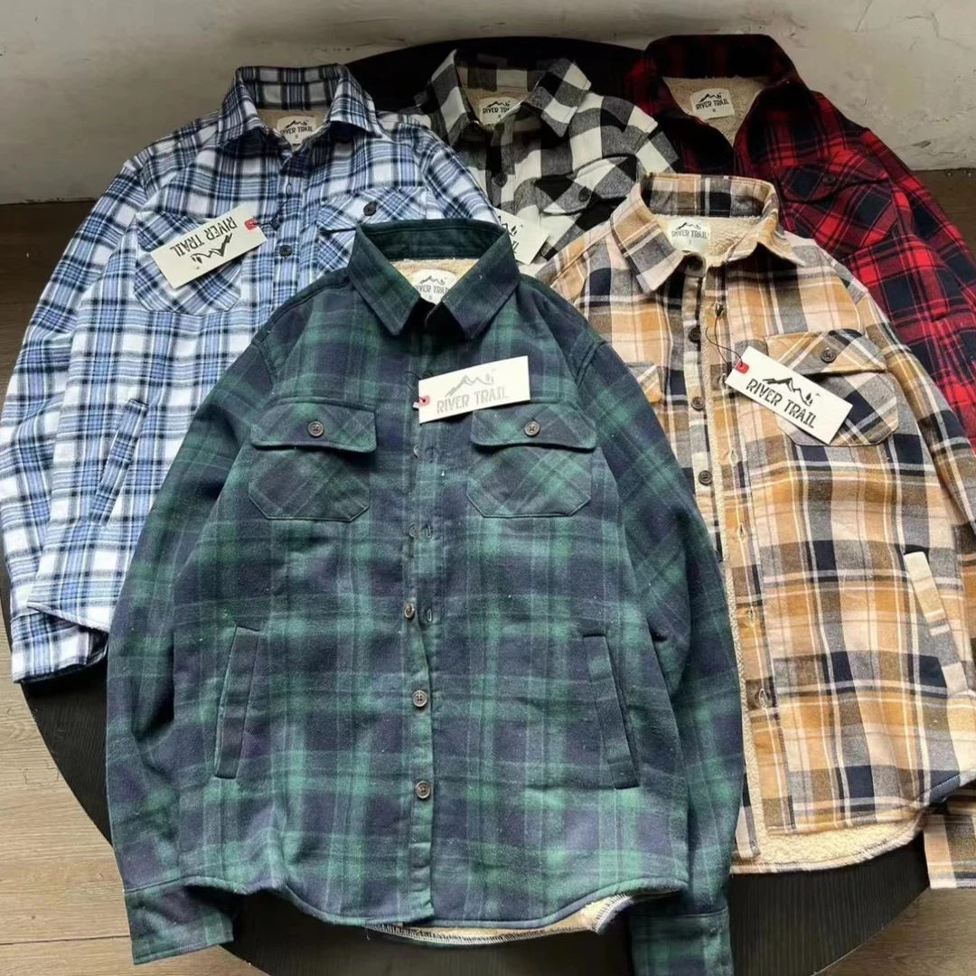 经典格子加绒加厚外套 男女秋冬保暖舒适翻领长袖衬衫外套4845