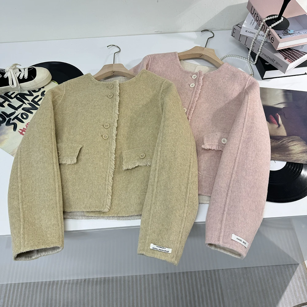 羊毛+桑蚕丝 韩系小香风双面毛呢大衣 短款外套21469