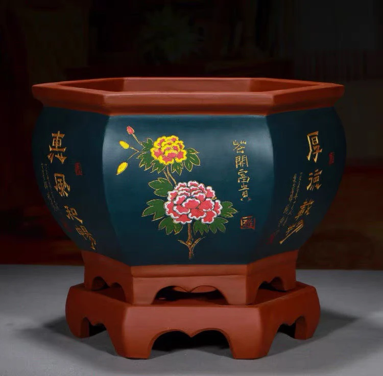 高端紫砂六方盆带底座君子兰盆兰花盆