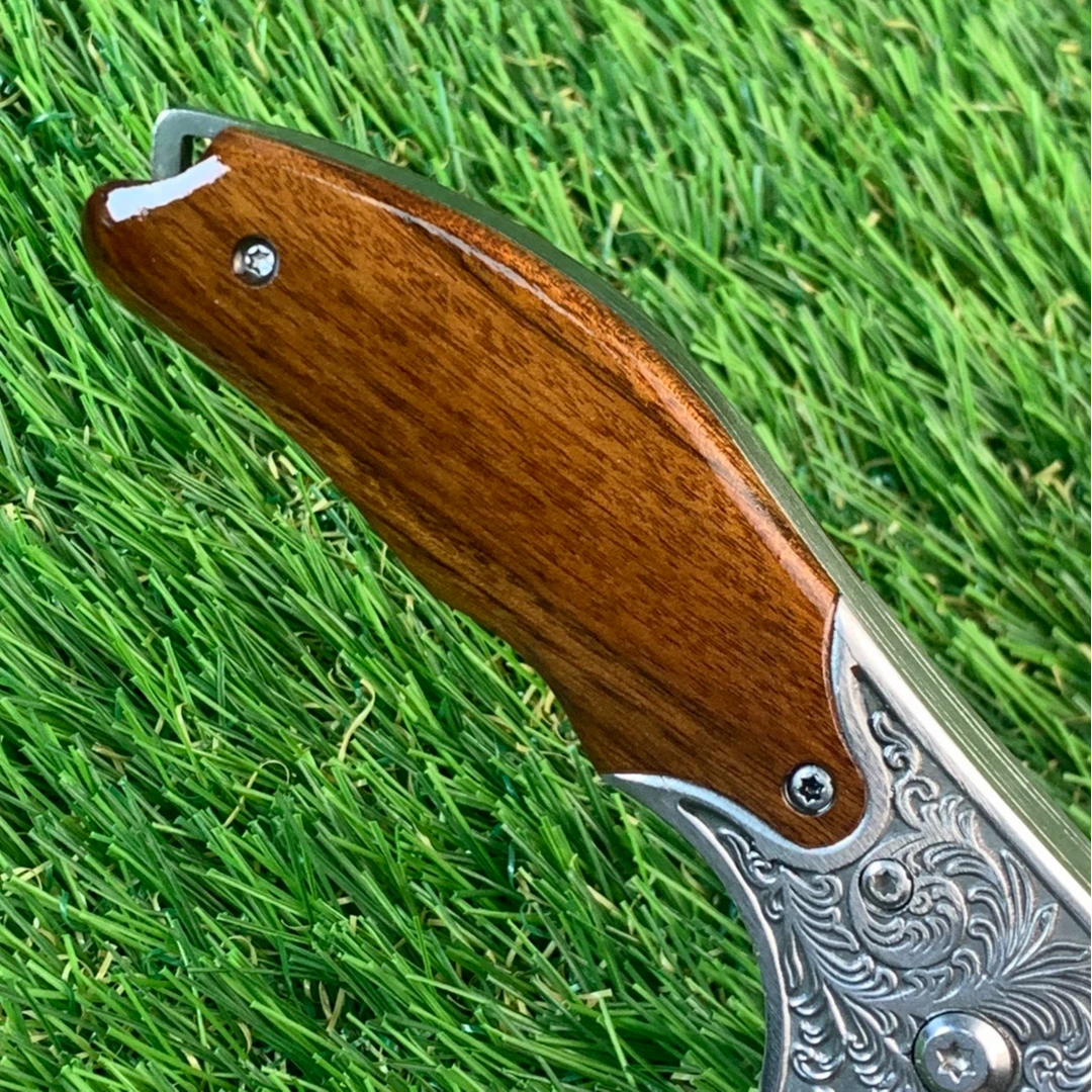 TL新款红檀木柄雕花钢头手工锻造大马士革小刀
