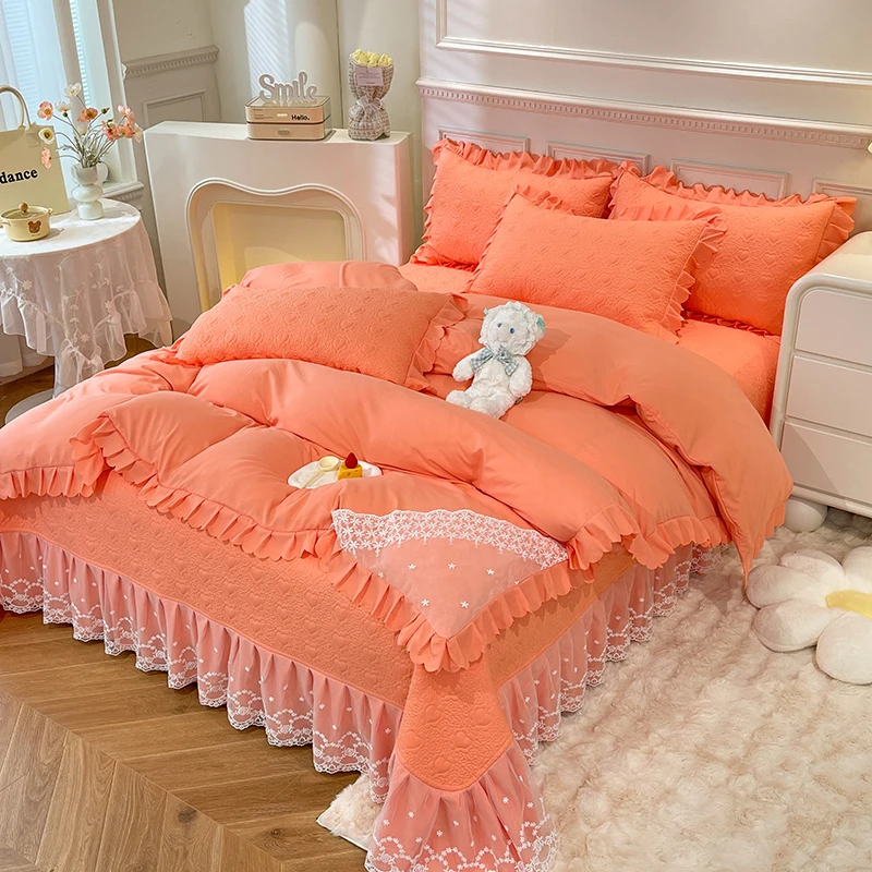 韩式蕾丝花边床盖四件套公主风小清新被套纯色床单四件套网红款