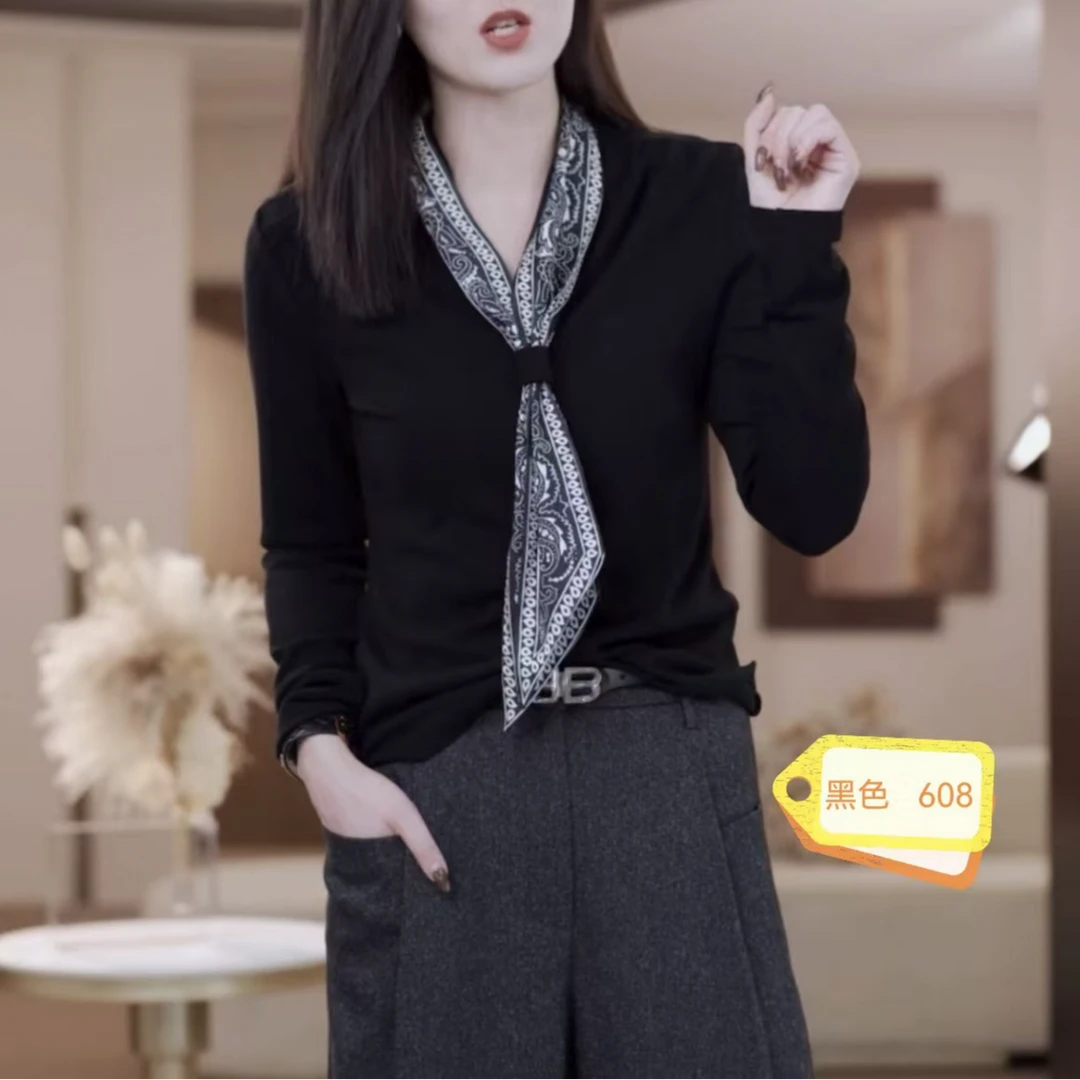 时尚长袖t恤女秋2024年秋季新款洋气显瘦百搭圆领打底衫上衣+丝巾