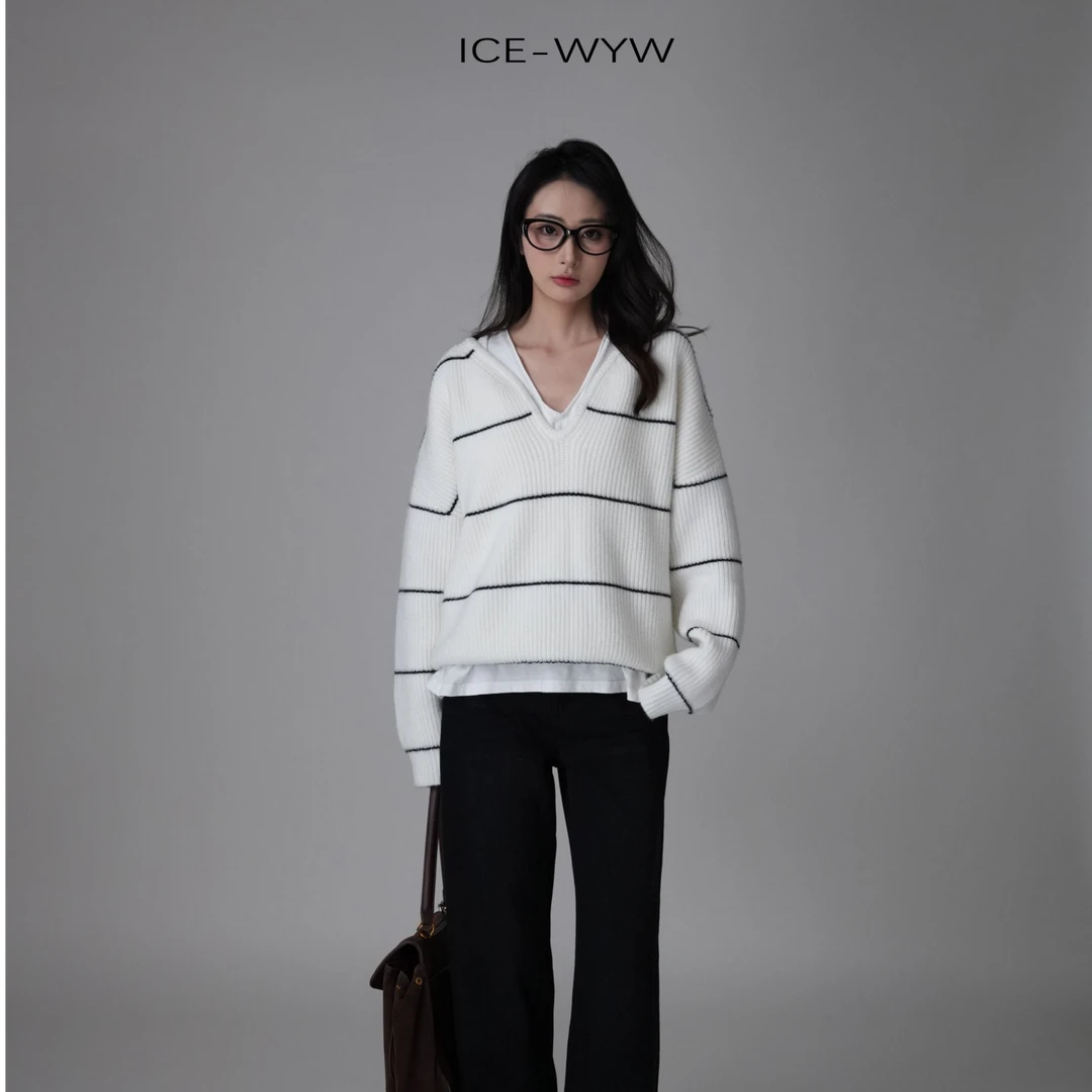 ICE WYW 设计师品牌休闲宽松V领北极绒套头高定毛衣