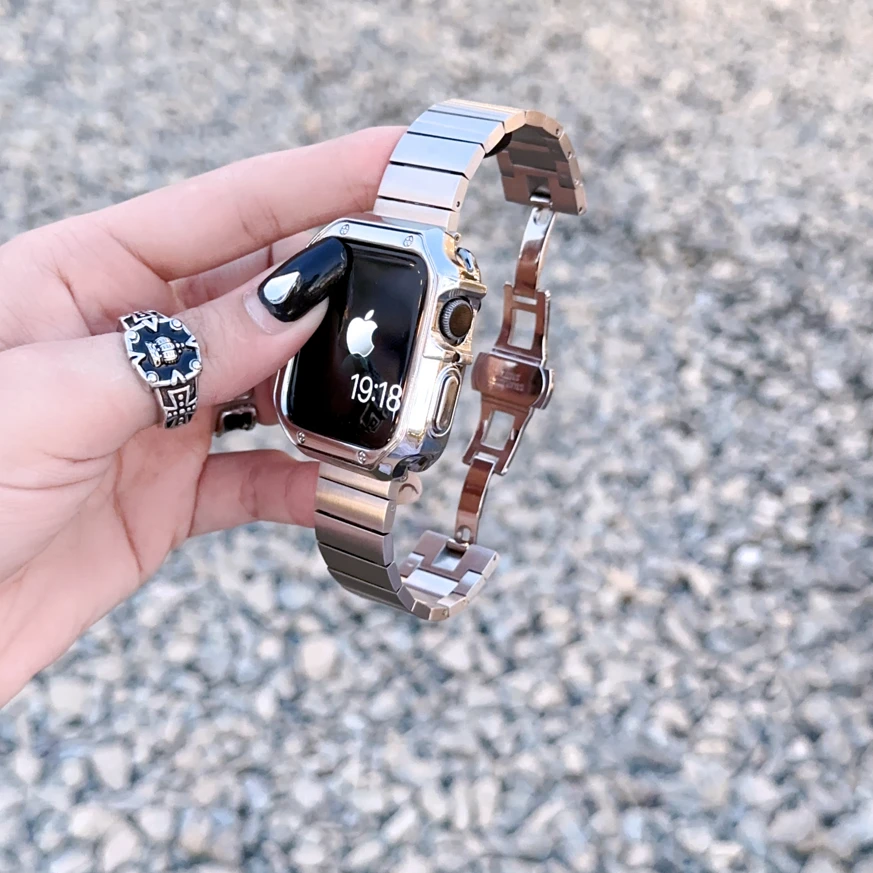 小钢块蝴蝶扣不锈钢竹节苹果表带适用于AppleWatch3456S7S8 SE