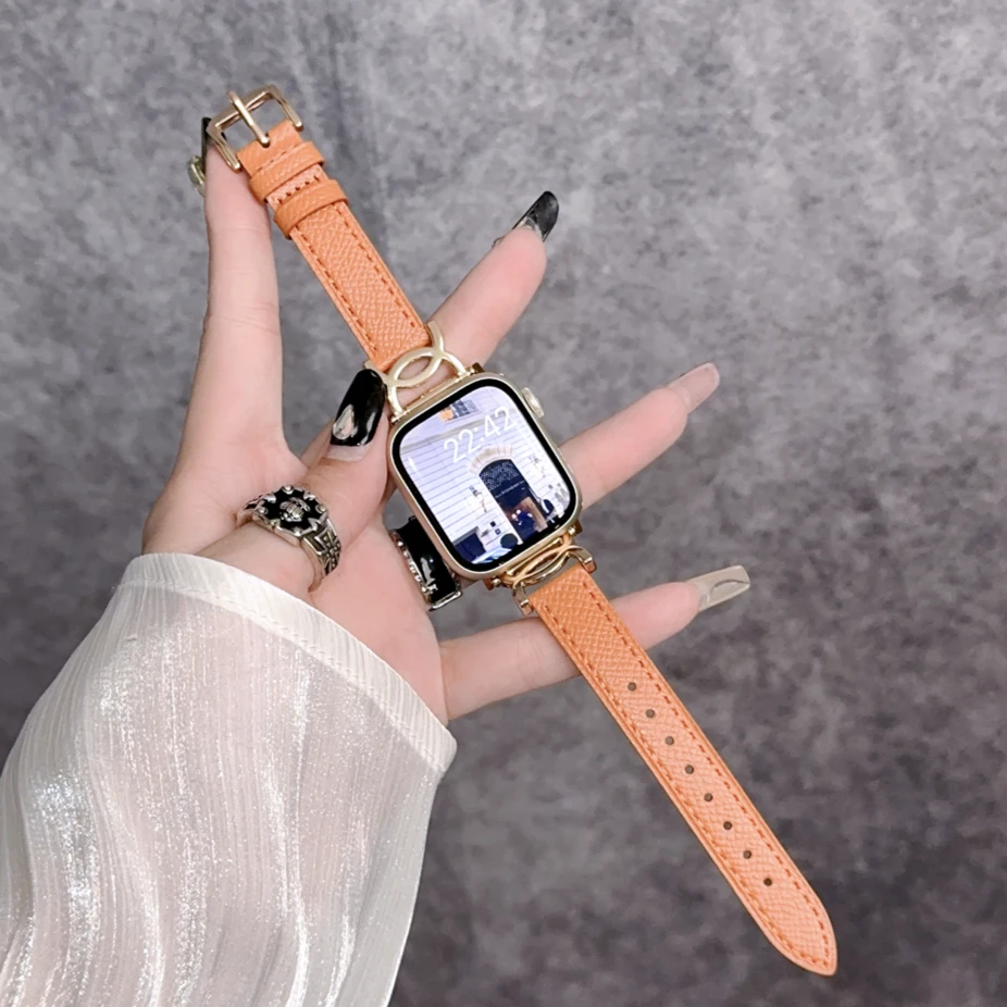 双C镂空高质感真皮苹果表带适用于AppleWatch3456S7S8 SE