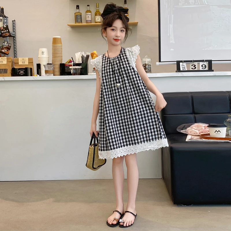 女童夏季时尚格子无袖连衣裙2024新款儿童夏装女孩蕾丝花边裙子潮