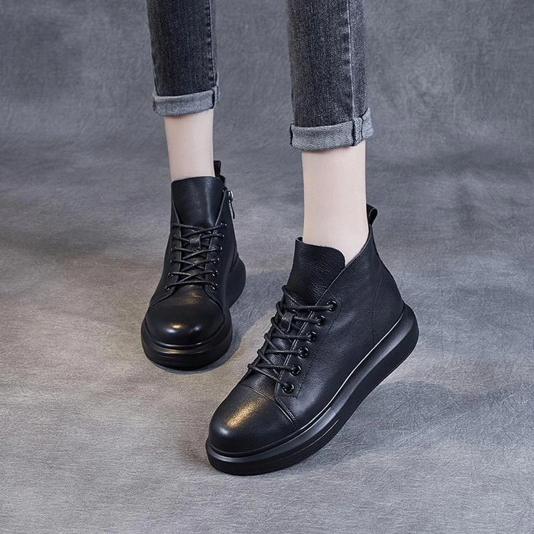 断码真软皮法式小短靴女2023秋冬最新款头层牛皮厚底系带百