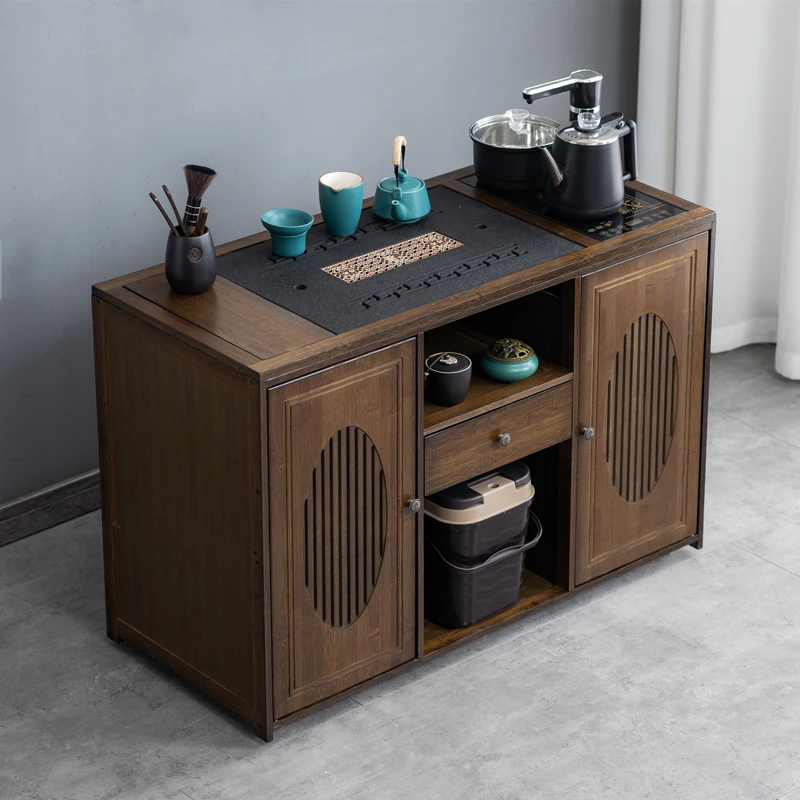 移动带轮新中式家用办公阳台小茶台实木茶车烧水壶一体茶水柜套装