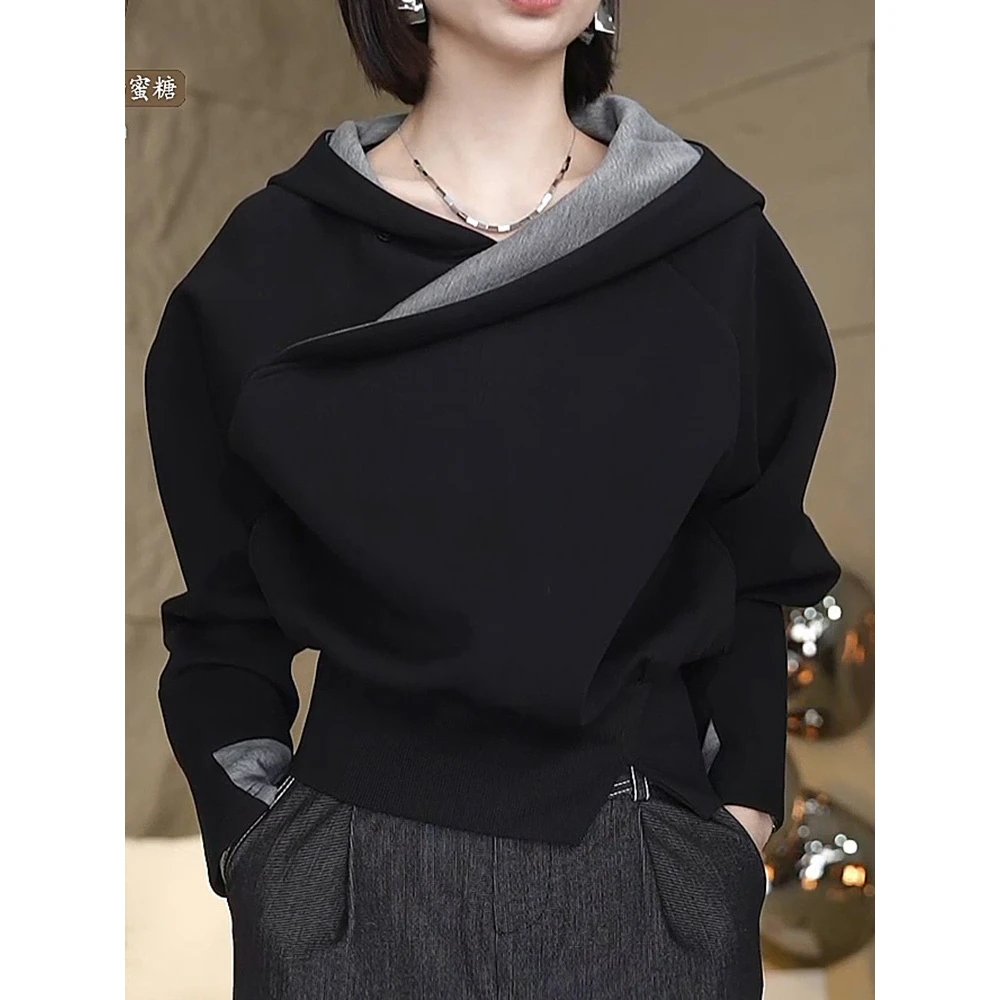 外穿名媛风休闲春秋高档韩系连帽薄款加绒新款洋气打底带帽潮