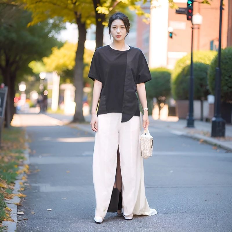 凡于原创设计时尚T恤不规则针织拼接蝙蝠袖短袖女宽松韩版圆领衫