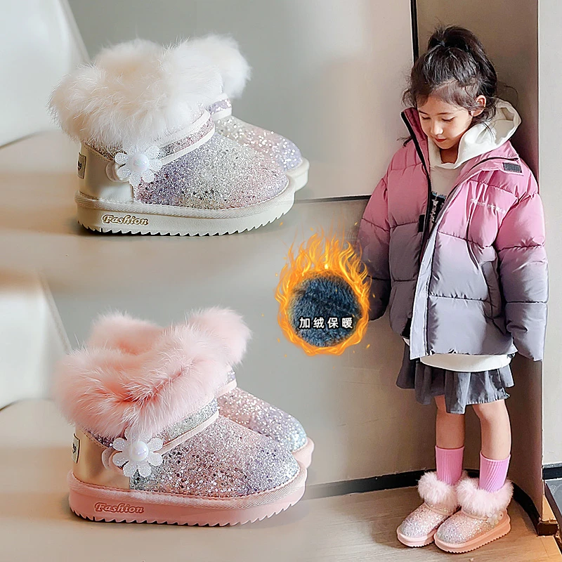 回力瑞儿童雪地靴女童棉鞋冬款加绒加厚防水防滑小中大童皮靴短靴