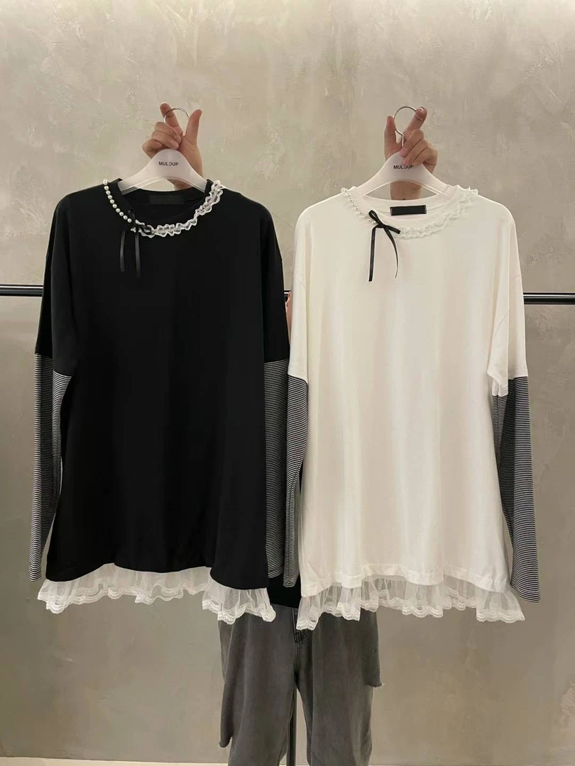 东大门正品mu-领口黑蝴蝶结珠珠蕾丝假两件（no退no换）2508399