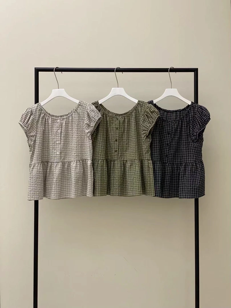 东大门正品-Much格子包肩短袖（no退no换）