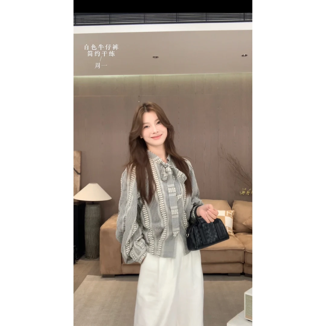 路人仙子 【柏斯画册】韩系设计感蝴蝶结系带格纹长袖衬衫C103