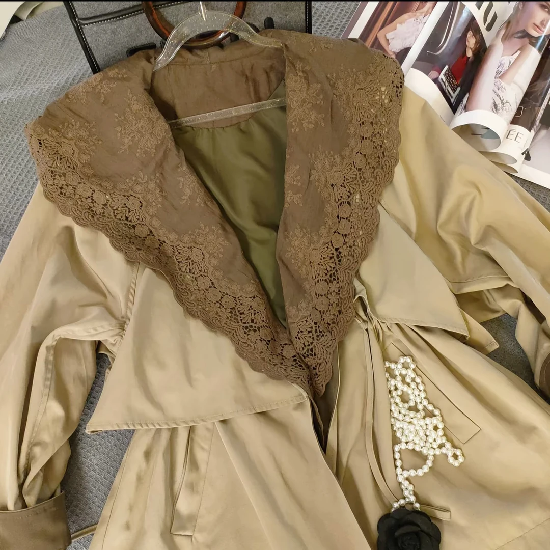 【蕾丝风衣】欧货设计感蕾丝拼接连帽风衣外套