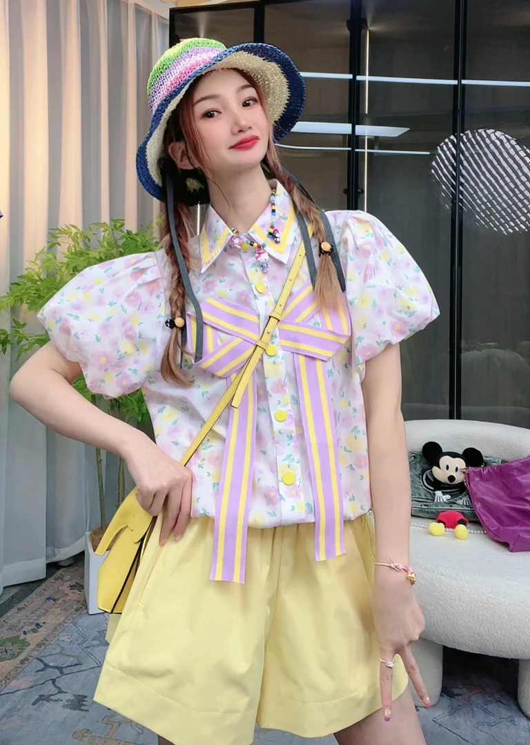 【蝶恋花】欧货设计师款双色织带蝴蝶结花花短袖衬衫
