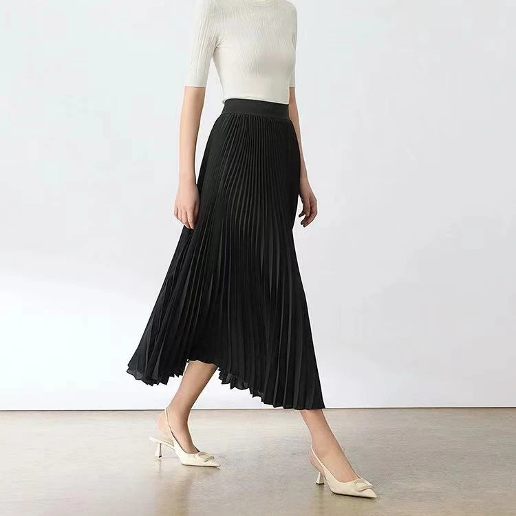 【朗】裙长75，2024夏季黑色气质显瘦百褶半身裙女过膝半裙1090-73