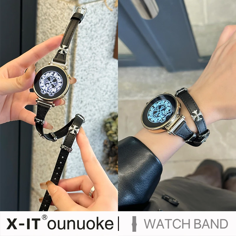 适用华为gt4手表表带gt3pro女款watch4pro双圈克罗心41mm皮质表带