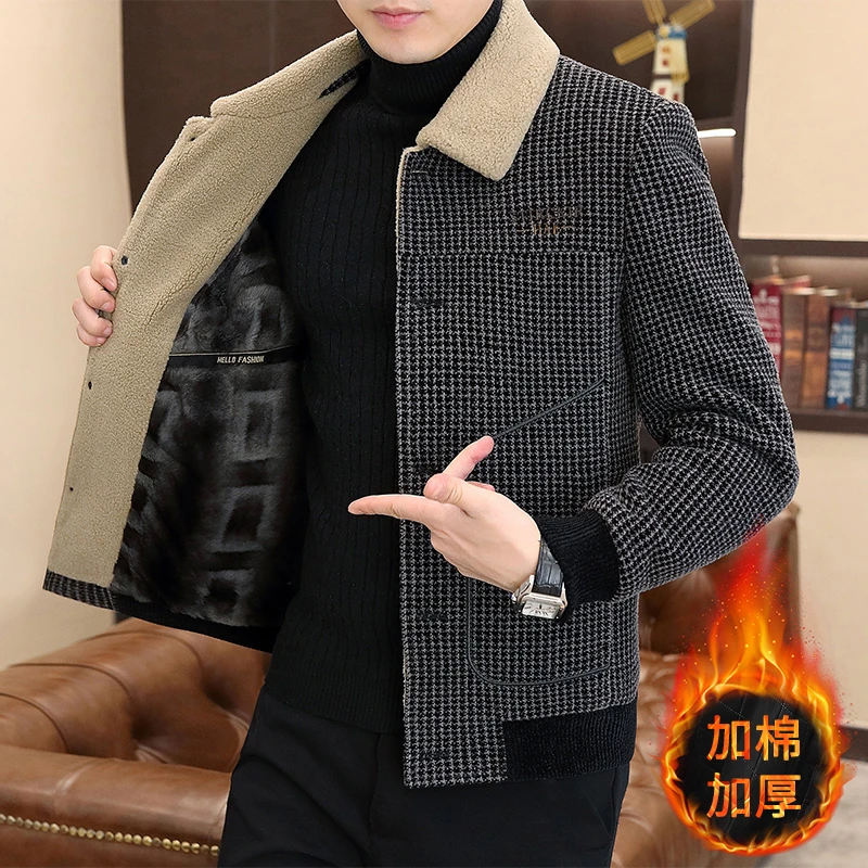 冬季新款男士加绒毛呢夹克休闲翻领领雪尼尔格子厚外套保暖加厚