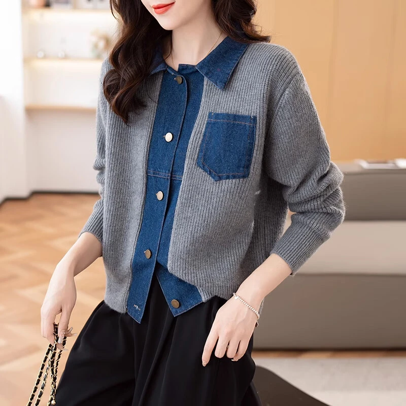 韩版宽松牛仔拼接针织开衫毛衣外套长袖口袋上衣女2024秋冬新款