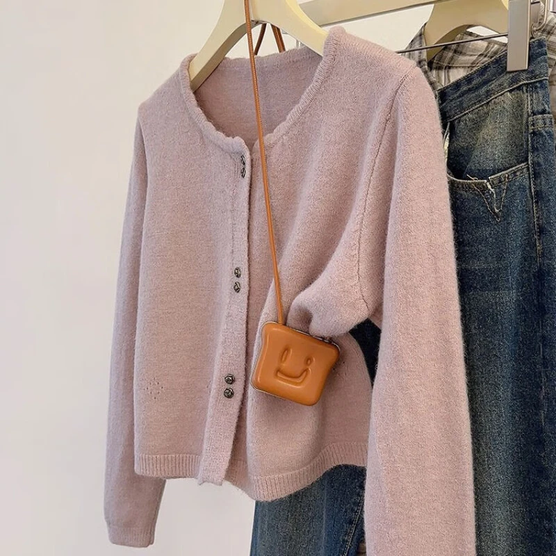 温柔风紫色毛衣外套女秋冬设计感小香风加厚短款长袖针织开衫上衣