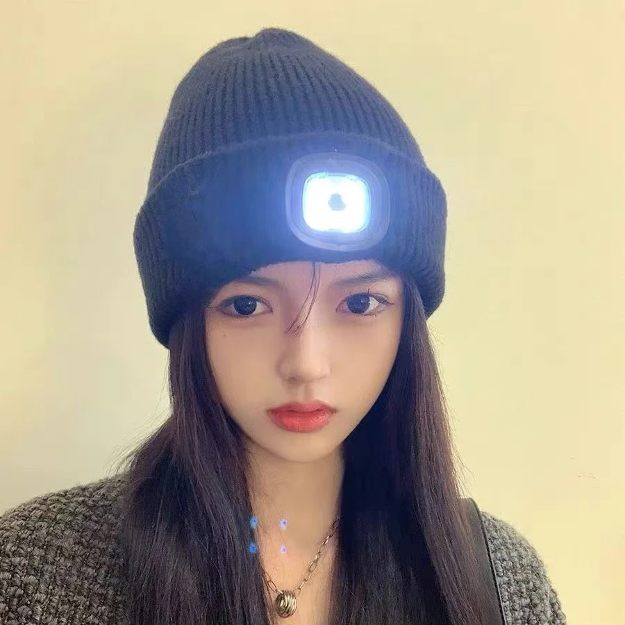 LED灯帽子男女通用户外照明夜灯钓鱼登山秋冬保暖套头针织毛线帽