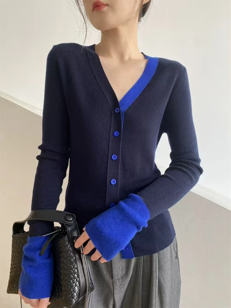 V领时尚百搭拼色羊毛显瘦减龄针织开衫单排扣毛衣