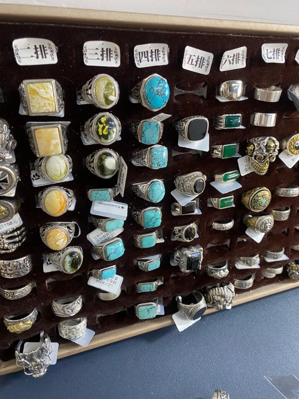 925银合成锆石戒指 纯银戒指男士款复古绿色中古