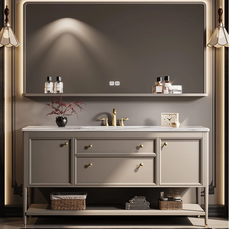 法式橡胶木复古浴室柜组合卫生间洗漱台洗手盆智能镜柜落地款双盆