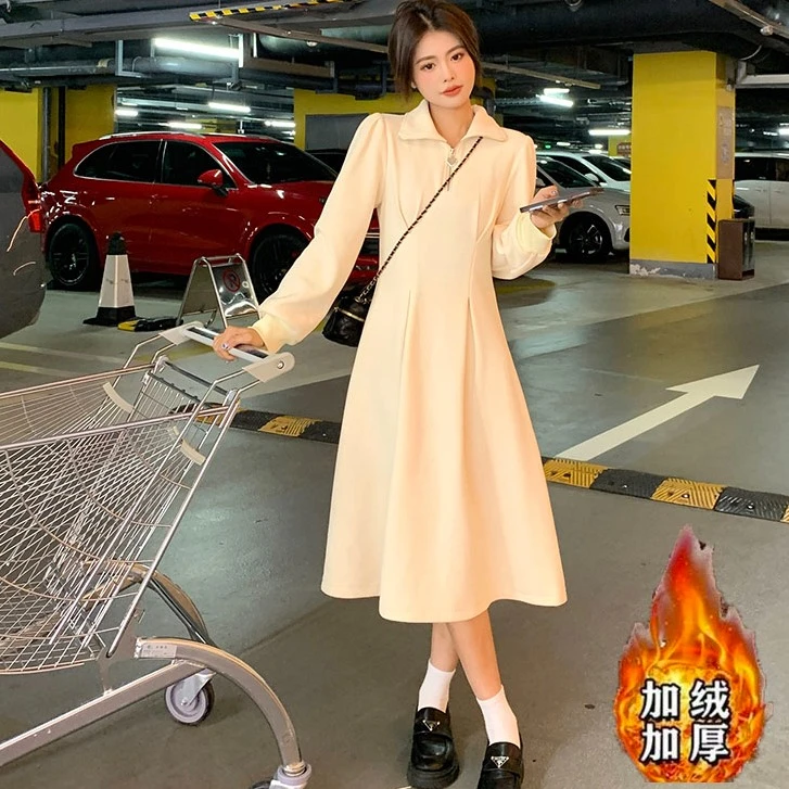 大码高级感长袖加绒内搭连衣裙女秋冬2024新款胖mm收腰裙子1640