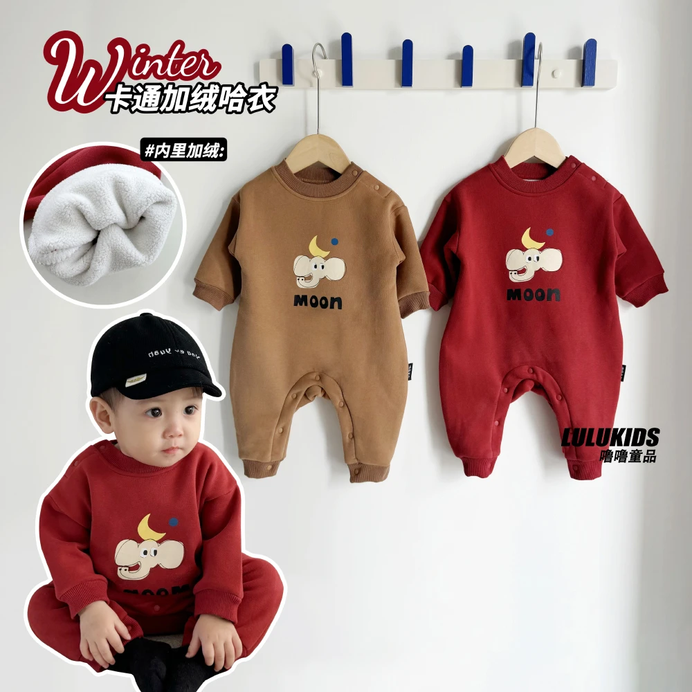 婴儿大红过年服卡通加绒连体衣冬季加厚保暖爬服宝宝喜庆满月哈衣