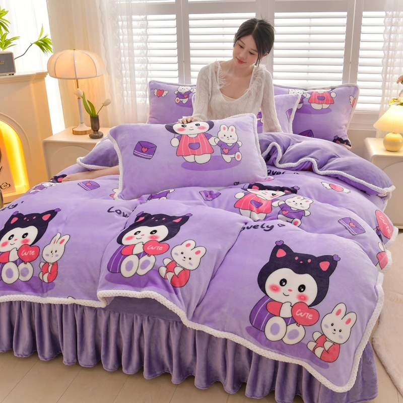 【卡通菠萝格包边】牛奶绒四件套学生宿舍加厚双面绒2024直播爆款
