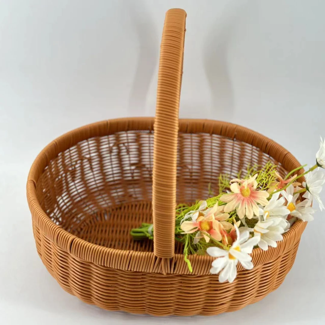 A037棕色旦形收纳水果篮轻奢风手工编织郊游篮大号37*30*35