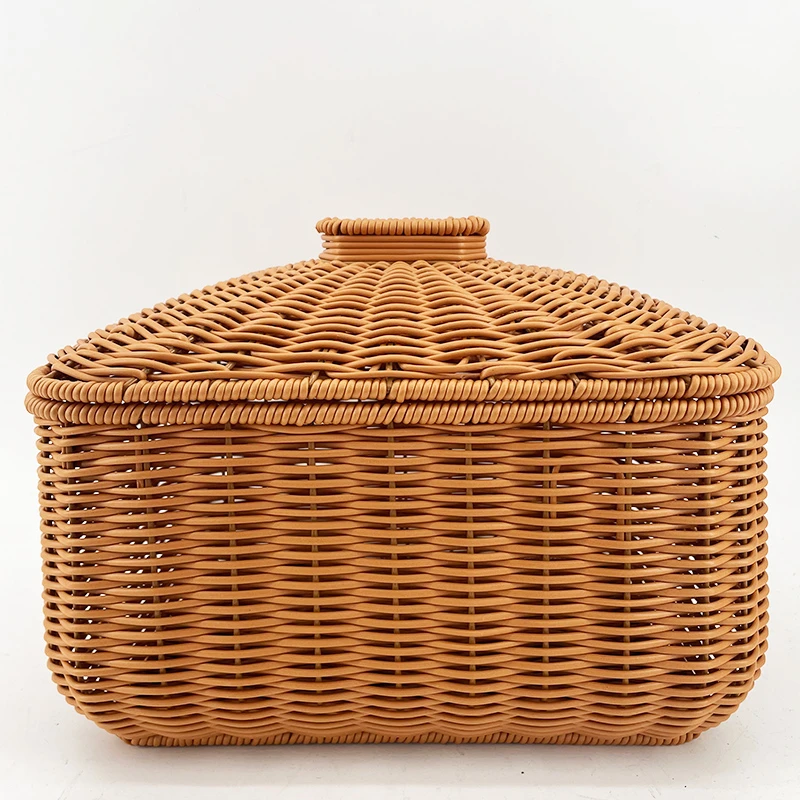 Z3棕色长方带盖馒头收纳框纯手工编织大号30*23*16