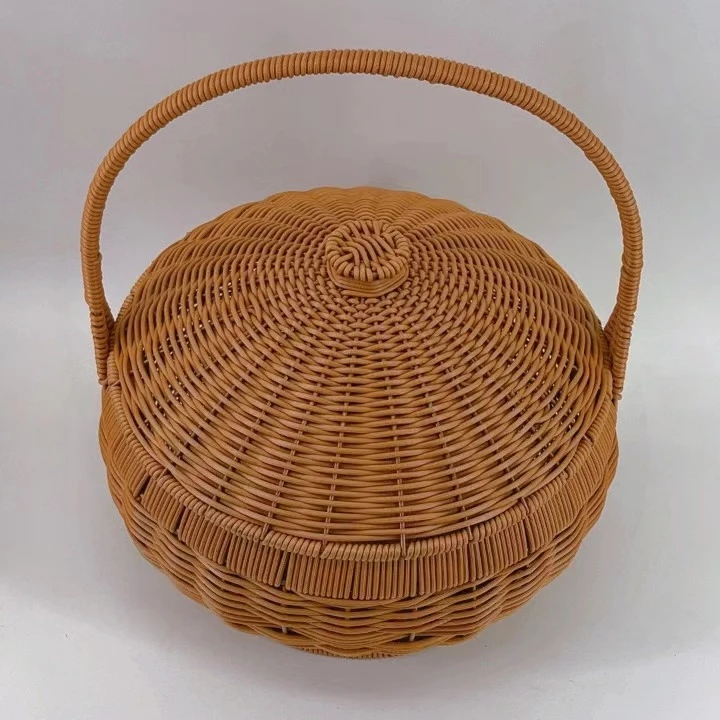 L7棕色圆形单提手带盖野餐篮创意复古郊游篮纯手工编织30*20