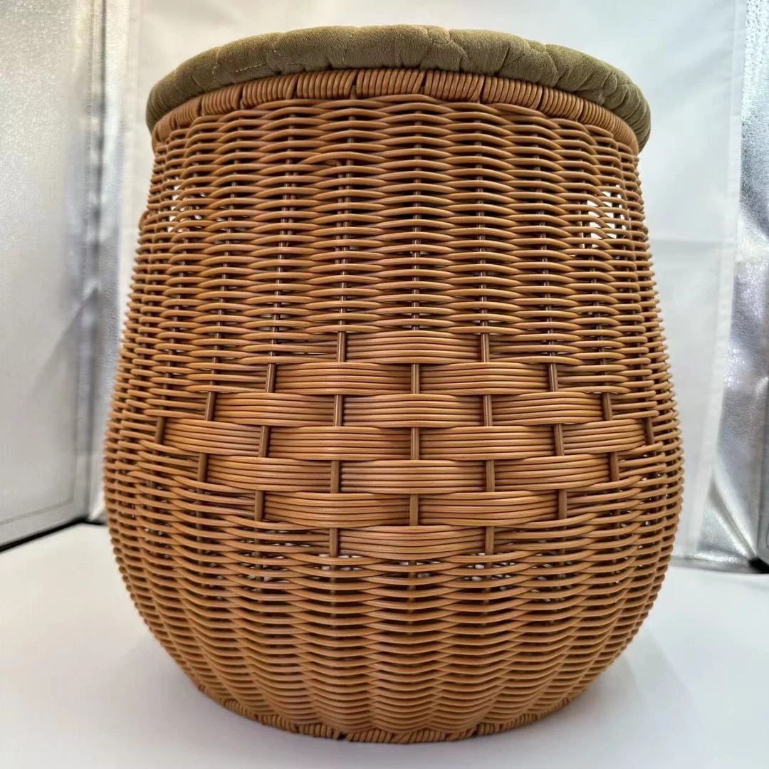 G13棕色圆形坐凳居家收纳筐简约风坐凳纯手工编织送坐垫30*35